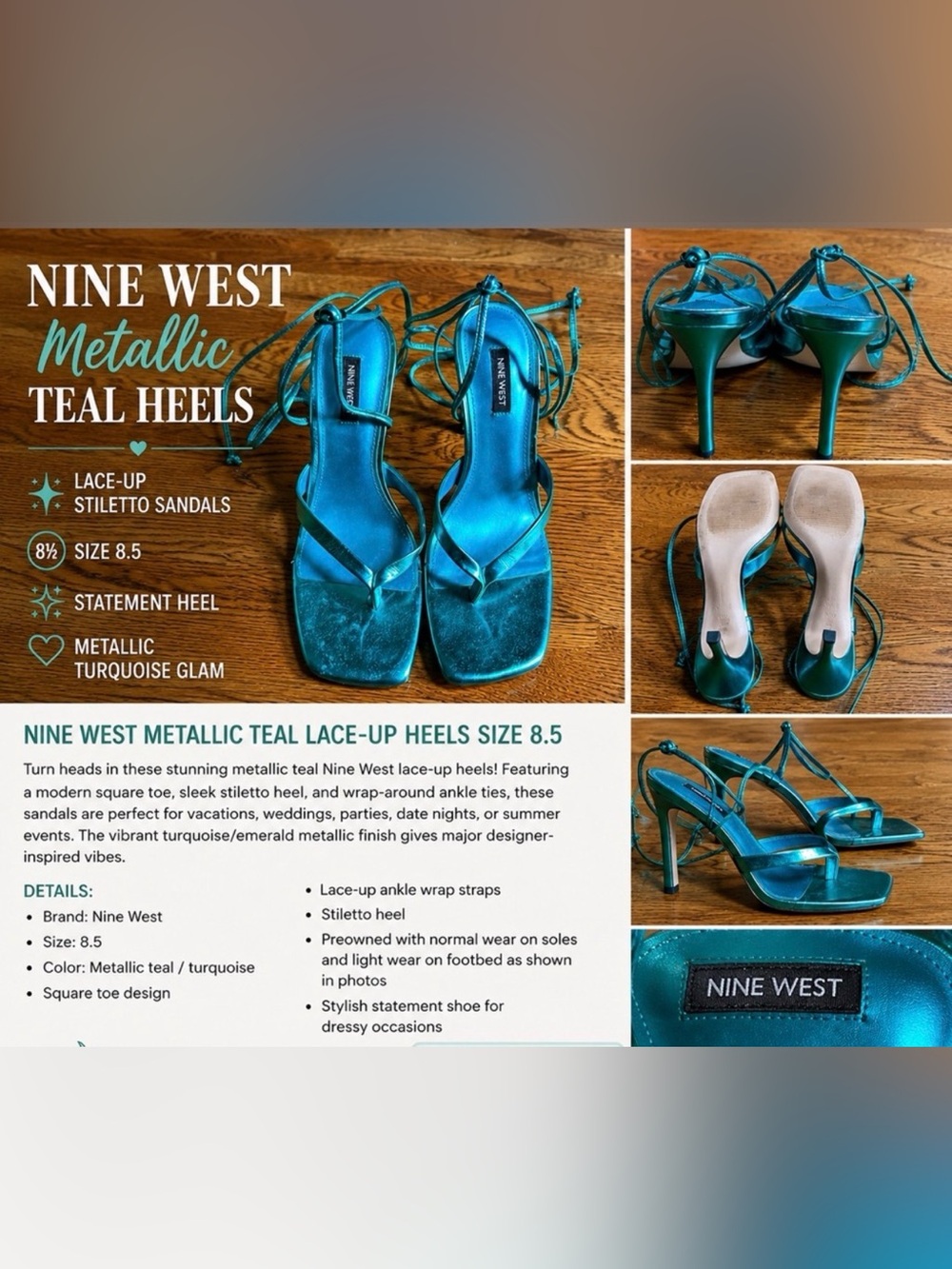 Nine West Metallic Teal Lace-Up Women’s Heels Size 8.5 Spring Wedding Guest